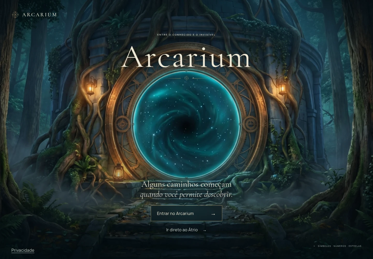 Arcarium — entrada da plataforma de produtos e experiências místicas.