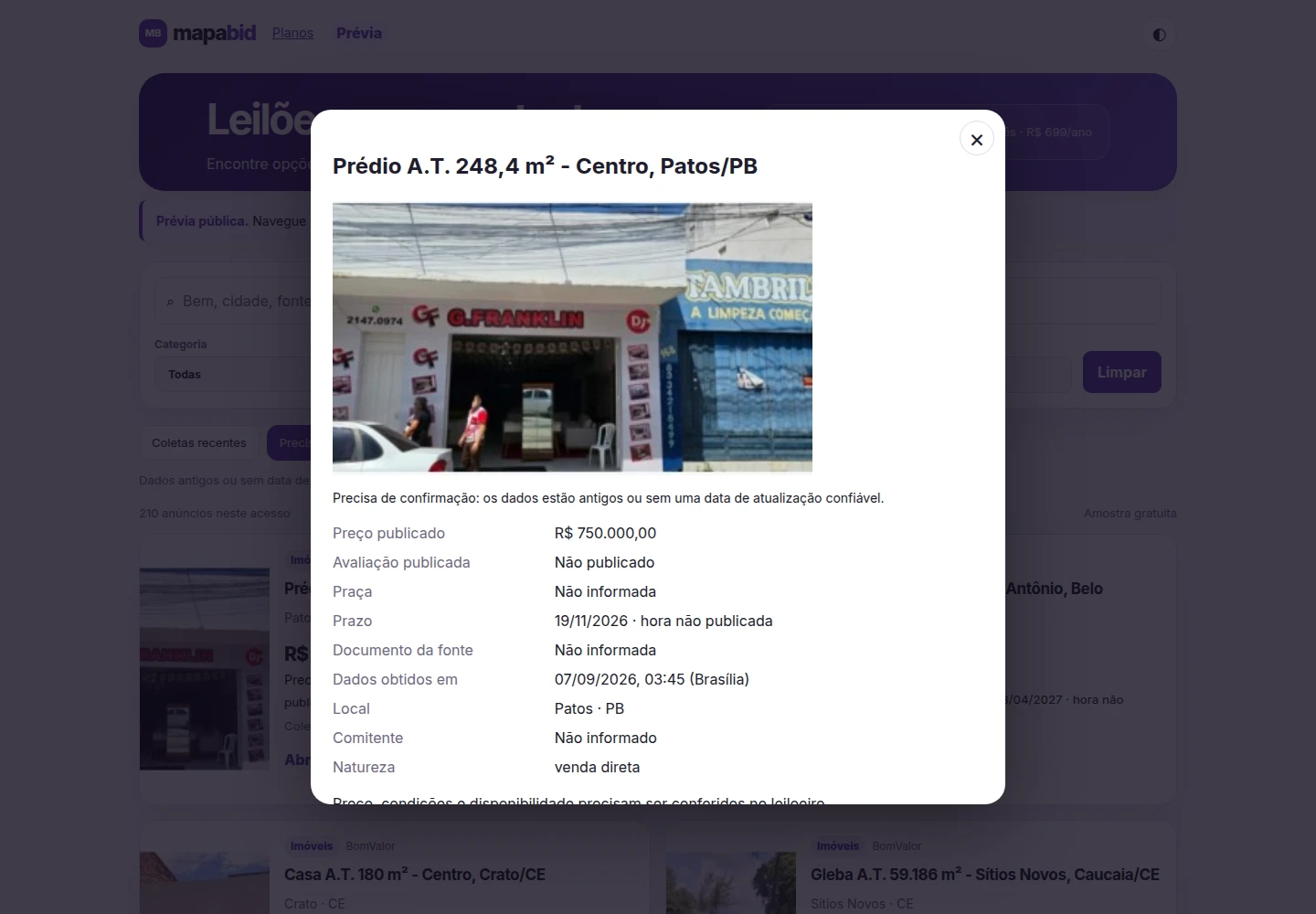MapaBid — prévia dos detalhes de uma oportunidade de leilão.