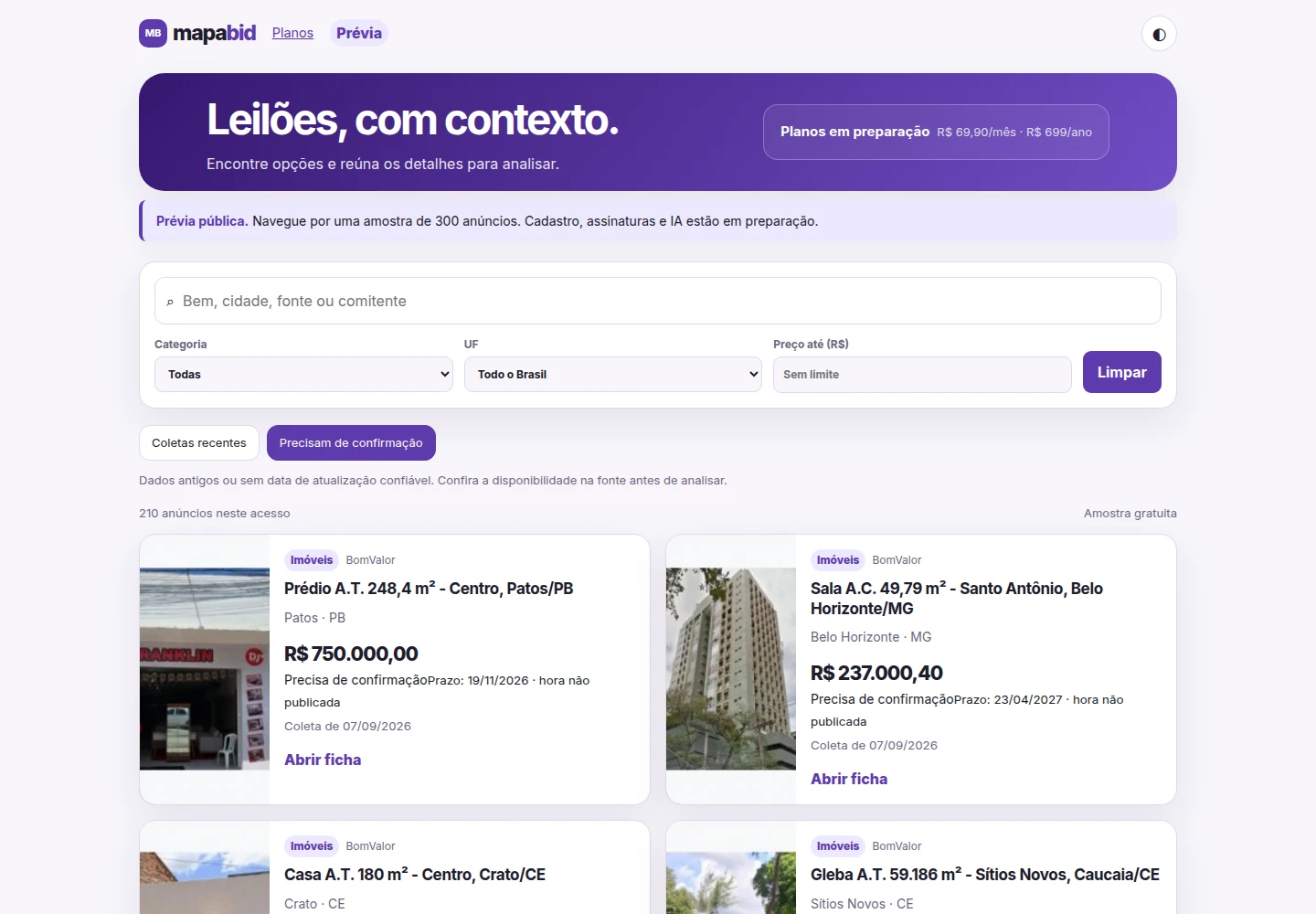 MapaBid — prévia da busca e organização de oportunidades de leilões.