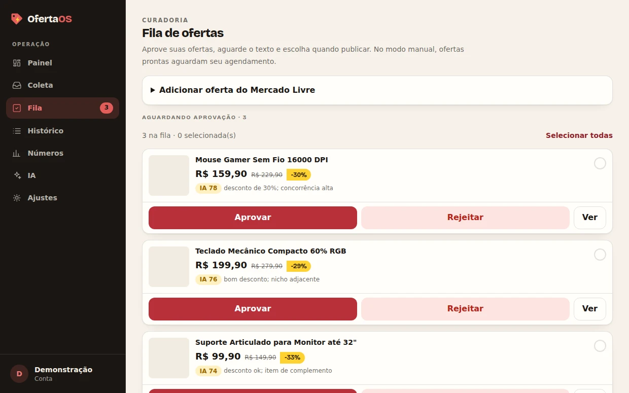 Oferta OS — fila de aprovação com ofertas, preços e ações de aprovar ou rejeitar.