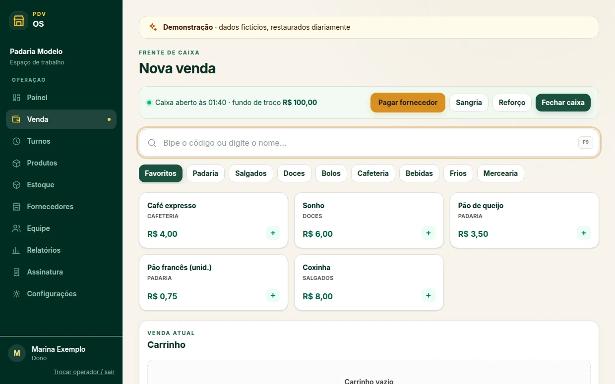 PDV OS — frente de caixa com produtos, categorias e caixa aberto.